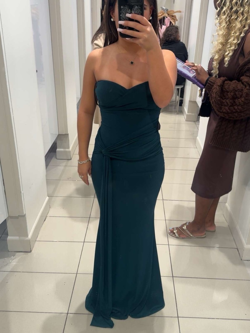 Beautiful dark green maxi dress with ruched detailing